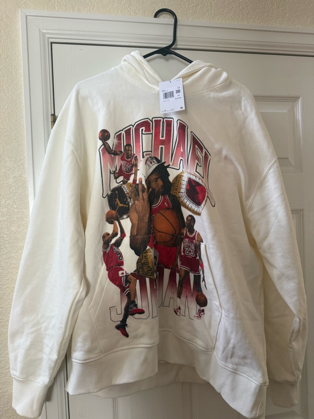 Jordan White Crewneck Hoodie with Red & Black Basketball Graphic